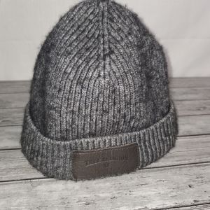 True Religion Grey Logo Patch Cashmere Wool Blend Rib Cuff Beanie
